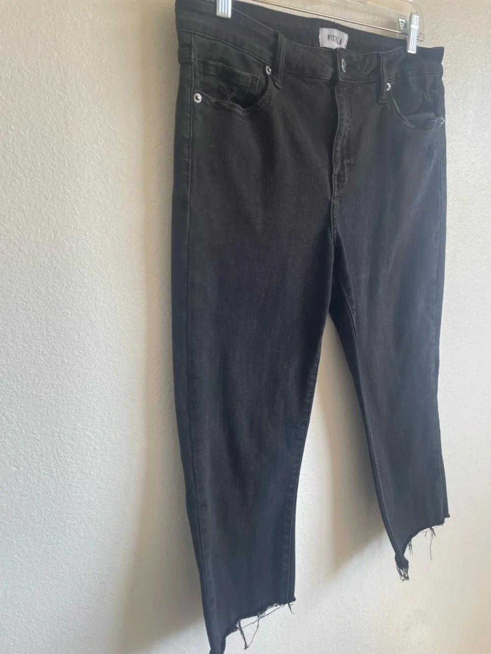 Pistola Denim Jeans Sz 31 Black Cropped Raw Hem Distressed High Rise Straight